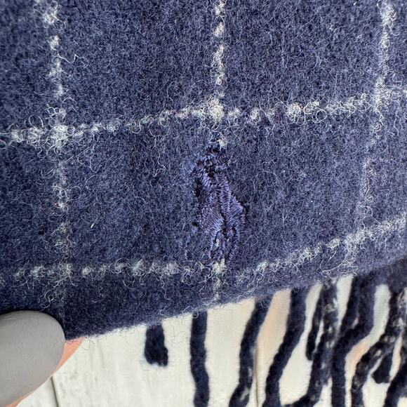 VTG 90's Polo Ralph Lauren Navy Blue Windowpane Plaid Lambswool Fringe Scarf - Picture 3 of 11